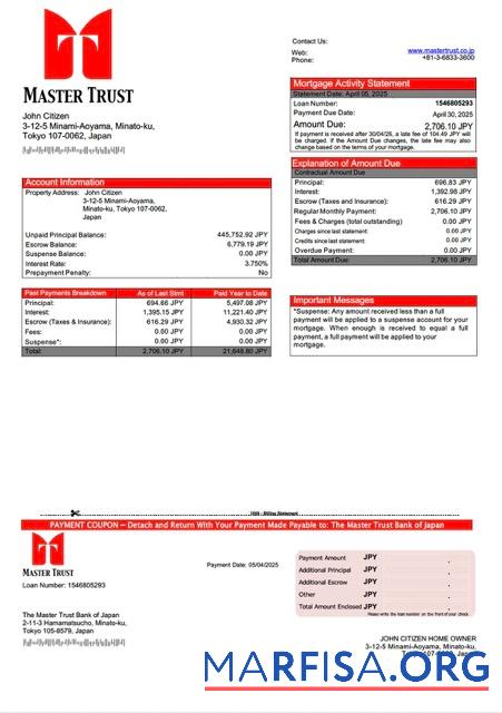 Printable Japan The Master Trust Bank of Japan mortgage statement Word and PDF template
